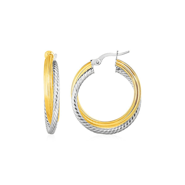 Two Part Textured and Shiny Hoop Earrings in 14k Yellow and White Gold - Premium Earrings - Just $592.99! Shop now at Pulse Designer Fashion