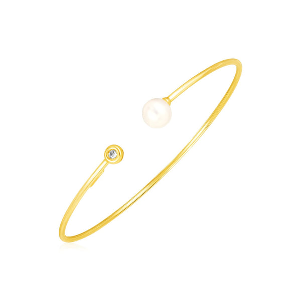 14k Yellow Gold Cuff Bangle with Pearl and Diamond - Premium Bangles - Just $921.99! Shop now at Pulse Designer Fashion