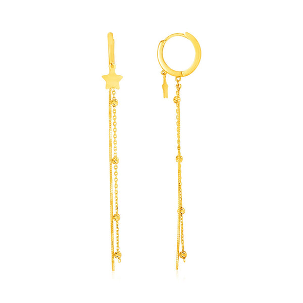 14k Yellow Gold Huggie Style Hoop Earrings with Star and Long Chain Drops - Premium Earrings - Just $366.99! Shop now at Pulse Designer Fashion