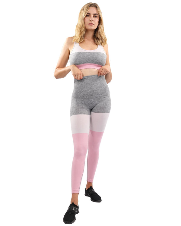 Graca Seamless Leggings & Sports Bra Set - Grey With Pink & White - Premium Seamless Leggings & Sports Bra Set - Just $110.75! Shop now at Pulse Designer Fashion